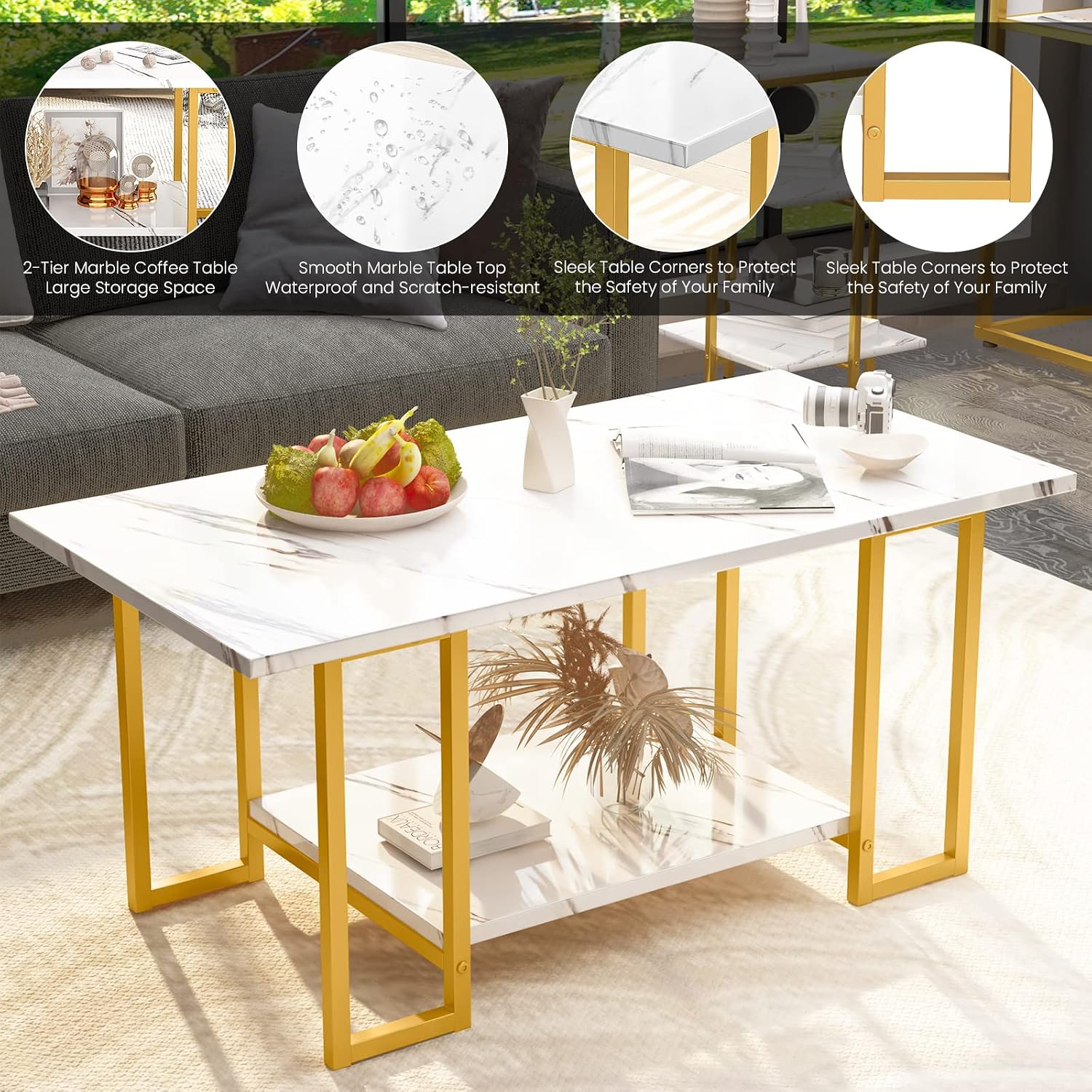 Lamerge Coffee Table Set of 3, Gold Coffee Table & 3-Tier End Table & Console Tables for Entryway,3 Piece Living Room Table Set with Metal Frame,Accent Table Side Table for Home,Office,Gold+White
