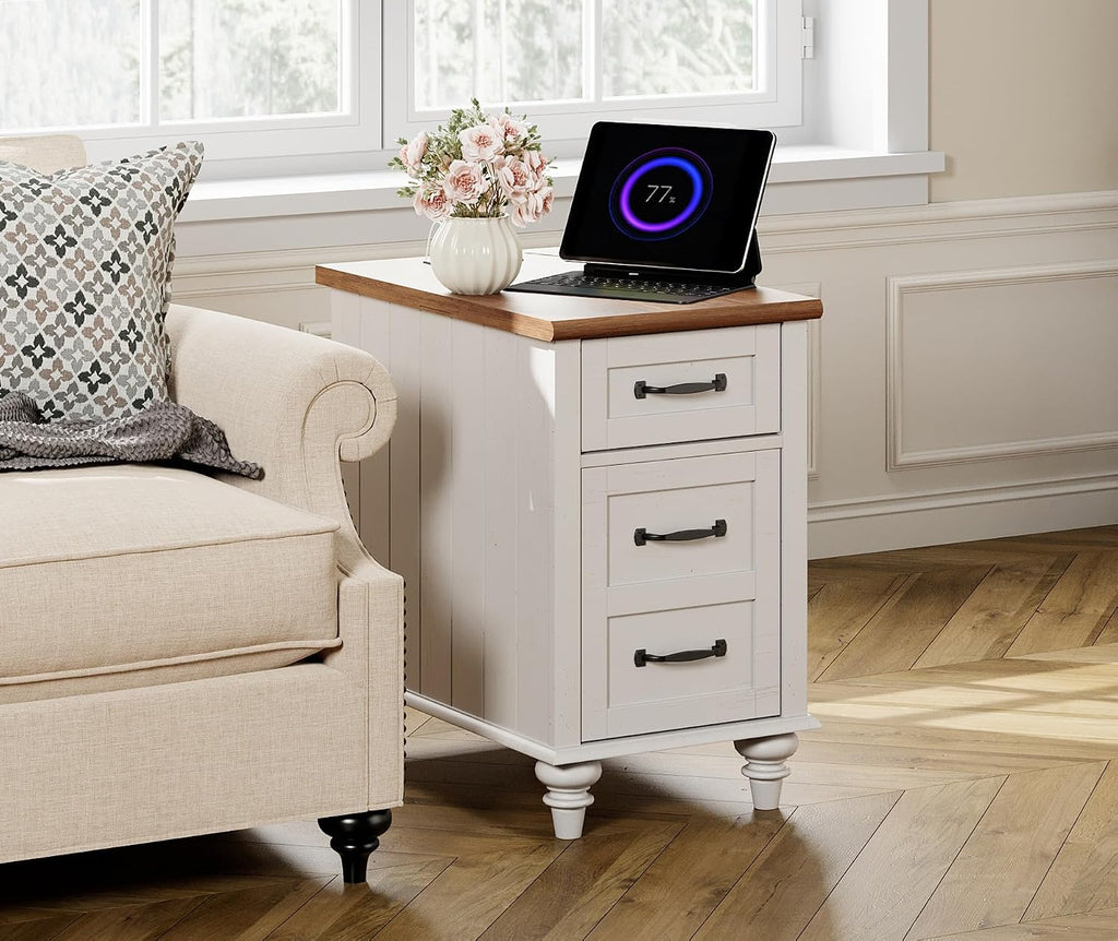 WAMPAT 3 Pieces Living Room Table Set, One Farmhouse Lift Top Coffee Table with Drawer, Set of 2 End Tables Nightstands with Charging Station, Off White