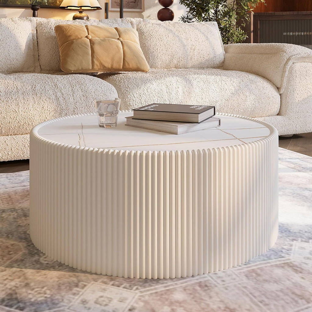 29.5 Inch Gold Pattern Sintered Stone Top & PU Leather Base Cylinder Coffee Table, Modern Drum Shape Side Table, No Assembly White