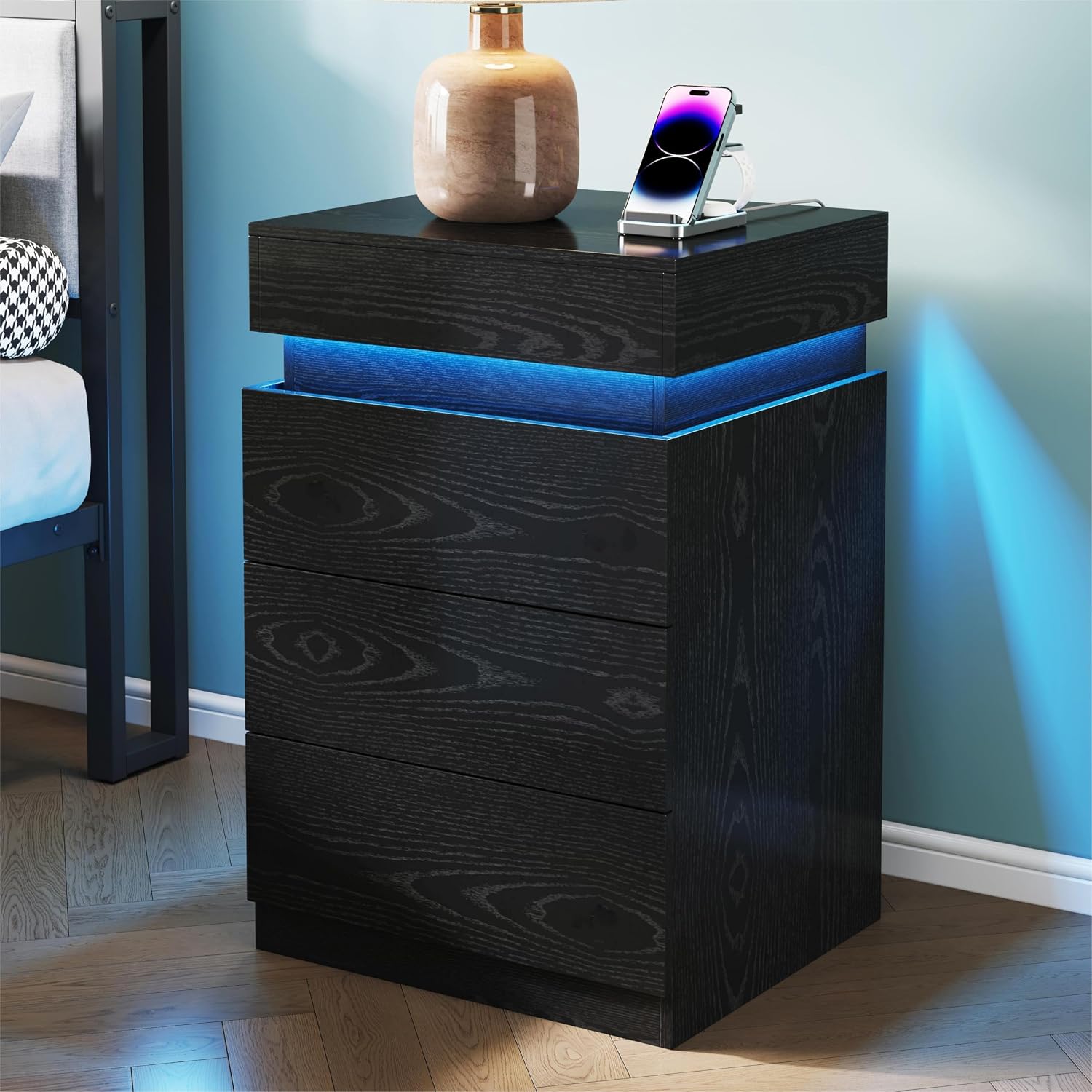 Black Nightstand with Charging Station and LED Light,27'' Tall Night Stand with Sliding Top for Bedroom, Bedside Table with 3 Drawers, Modern End Side Table for Living Room