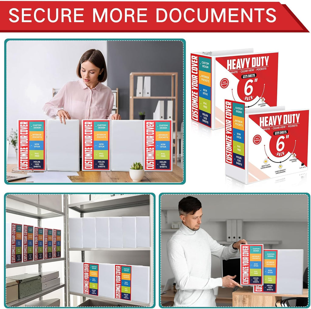 Sinload 6 Pcs 3 Ring Binder, 6 Inch Large Capacity 3 Slant D Ring Binders with Pockets, 8.5' x 11' Presentation Folder View Binder with Customizable Clear Cover for Documents Files Projects (White)
