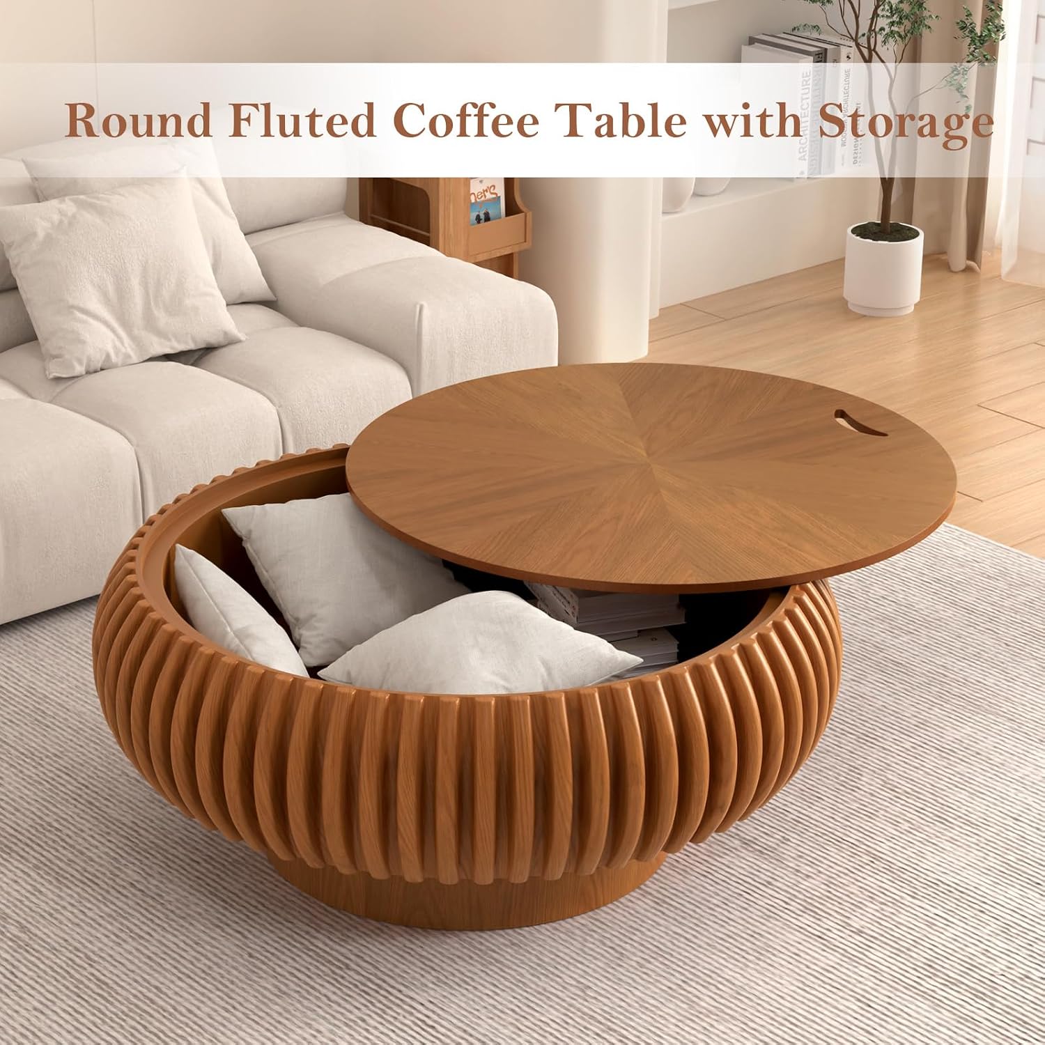 31.5' Round Fluted Coffee Table with Storage Unique Contemporary Wood Low Circle Drum Tea Tables - Sturdy Pedestal for Small Space (J Brown 31.5in)