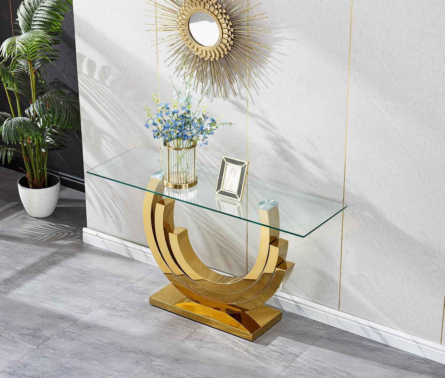 4 Pieces Living Room Table Set, Glass Coffee Table Set of 4, Modern Coffee Table, Console Table and 2 End Tables with Three U-Shaped Stainless Steel Base for Living Room (Gold)