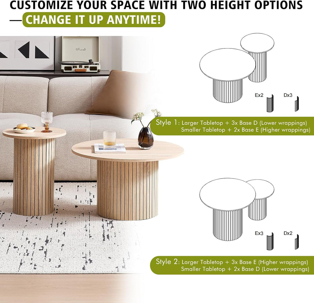 Round Coffee Tables Set of 2, Circle Modern Small Wood Side Table with Fluted Style Drum Base for Living Room Bedroom Balcony Office, Natural