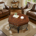 2 Tier Retro Hexagon Wood Coffee Table with Metal Leg, Farmhouse Mid-Century Coffee Table with Storage Shelf ＆ Drawer for Living Room(40' Dx40 Wx19 H)