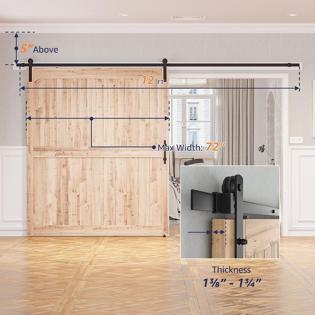 SMARTSTANDARD 12 FT Heavy Duty Sturdy Sliding Barn Door Hardware Kit, Black, (Whole Set Includes 1x Pull Handle Set & 1x Floor Guide) Fit 72' Wide Door Panel (I Shape Hanger)