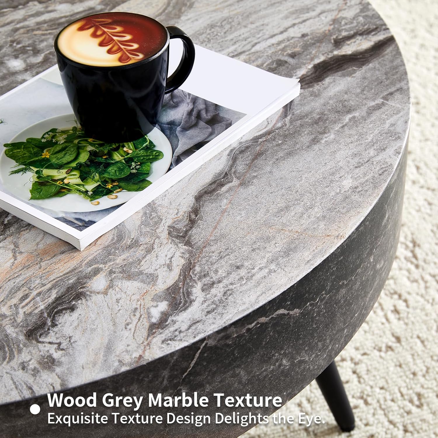 31.5' Modern Round Coffee Table,Small Coffee Tables Center Table with Metal Legs Marble-Patterned Tabletop for Living Room Office Apartment,Easy to Assemble, Grey Marble