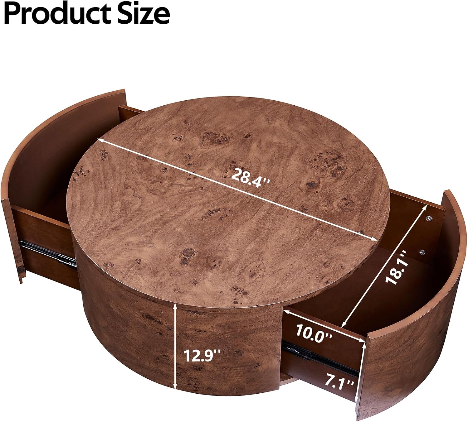 Flieks Burl Wood Rotating Coffee Table with 2 Drawers, 360° Rotating Top, Walnut, 28.4'