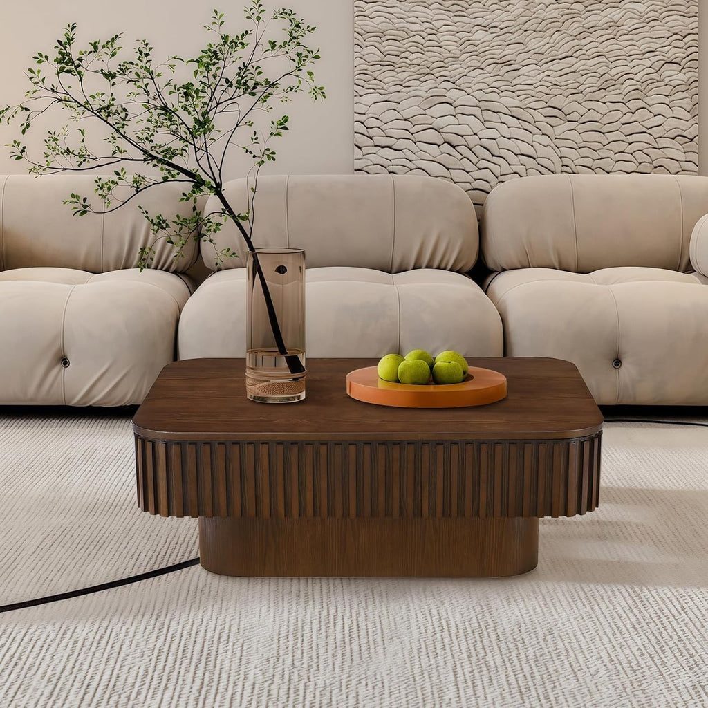 Lift Top Coffee Table for Living Room, Fluted Coffee Tables with Storage, Solid Wood Veneered Modern Accent Tea Center Table for Small Space Apartment (Walnut-38.6''D×26.8''H)