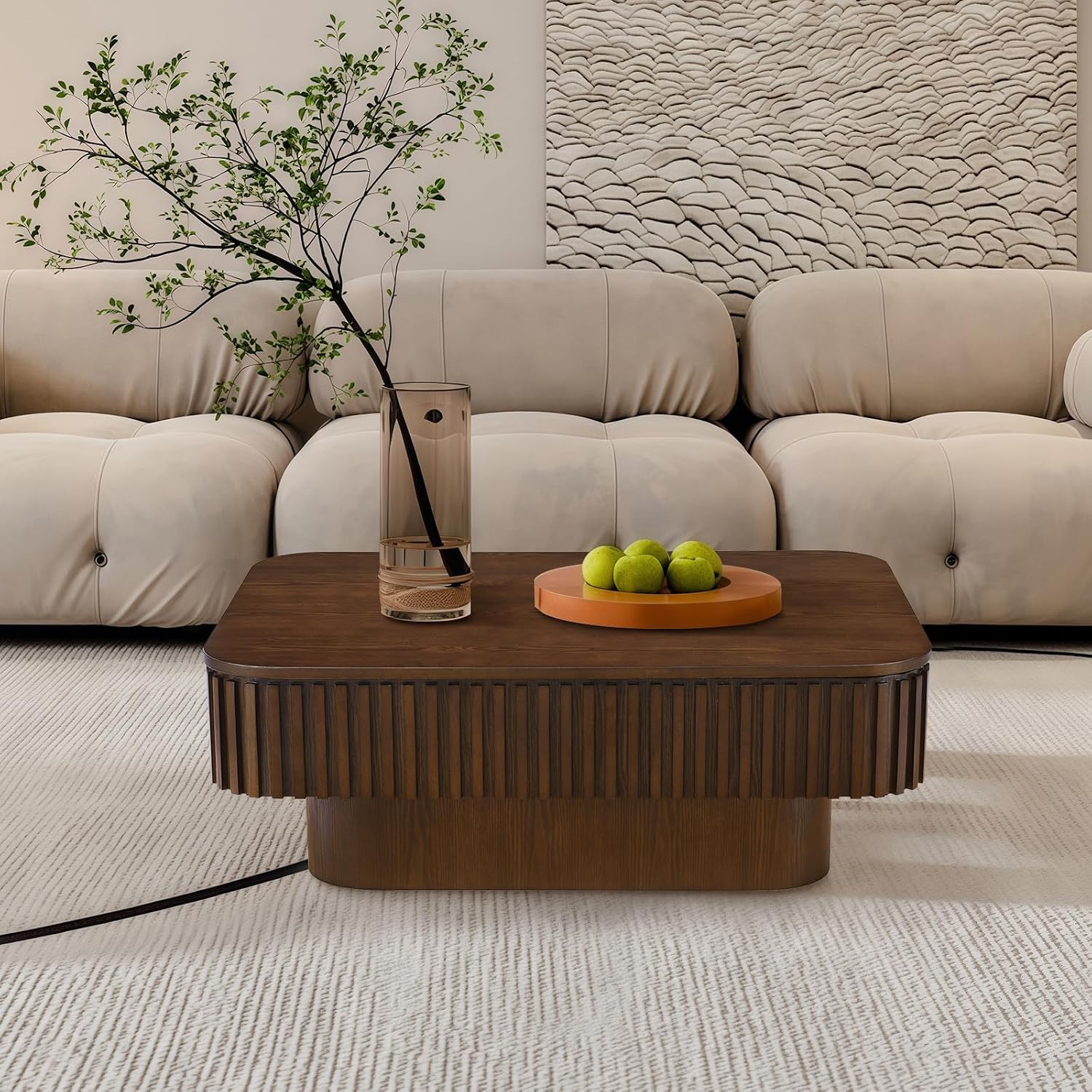 Lift Top Coffee Table for Living Room, Fluted Coffee Tables with Storage, Solid Wood Veneered Modern Accent Tea Center Table for Small Space Apartment (Walnut-38.6''D×26.8''H)