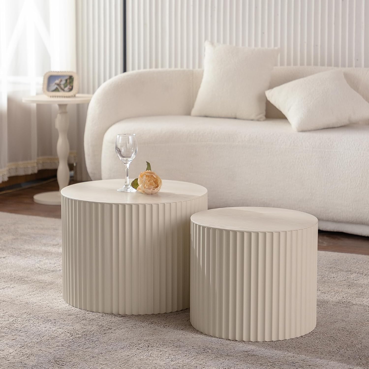 47.25 inch Round Wood Coffee Table Set for Living Room for Small Space Apartment and No Need Assembly Beige