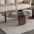 EASYSOUL Modern Round Coffee Table with Glass Top, 27.56' D x 27.56' W x 14.69' H, Circular Tea Tables for Living Room Home Office Industrial Cocktail Tables (Walunt-Grey Glass/27.56')