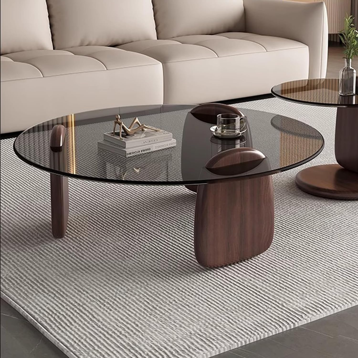 EASYSOUL Modern Round Coffee Table with Glass Top, 35.43' L x 35.43' W x 14.69' H, Circular Tea Tables for Living Room Home Office Industrial Cocktail Tables (Walunt-Grey Glass/35.43')