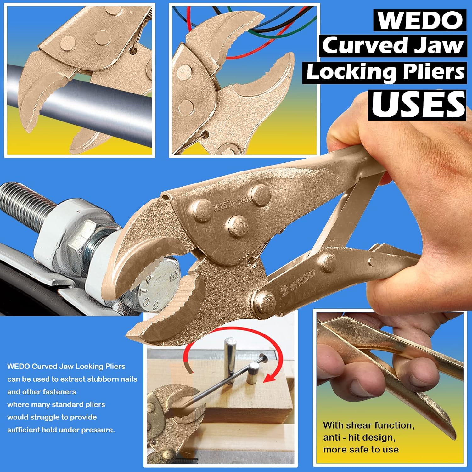 WEDO Locking Pliers 10-Inch,Non-Sparking Curved Jaw Locking Pliers with Wire Cutter,Beryllium Copper,DIN Standard,BAM Certificate,Die-forging