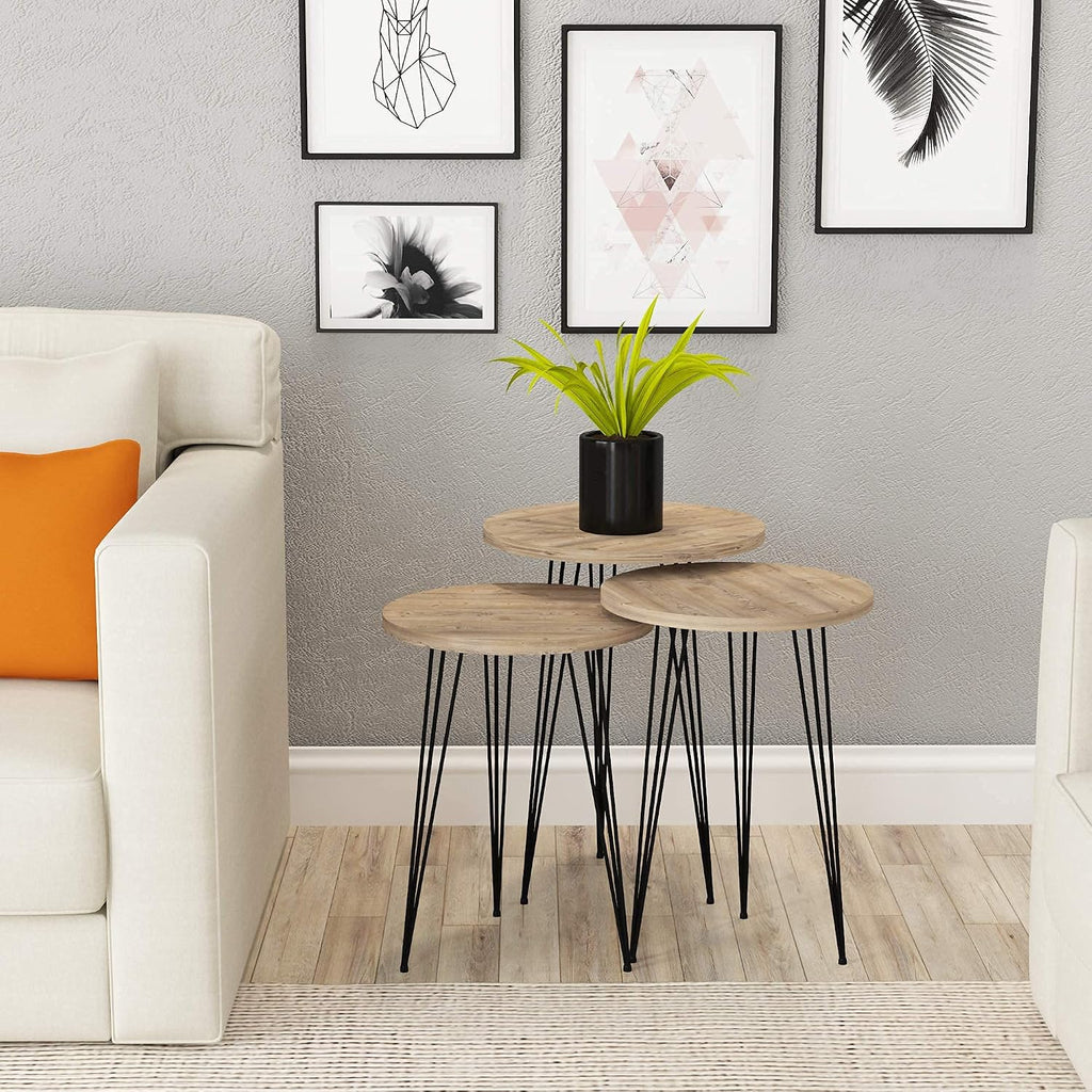 Set of 3 Pine Wood Grey Nesting End Tables Round Wood Stacking Coffee Side Accent Table with Metal Legs for Living Room, Home Office, Nightstands for Bedroom