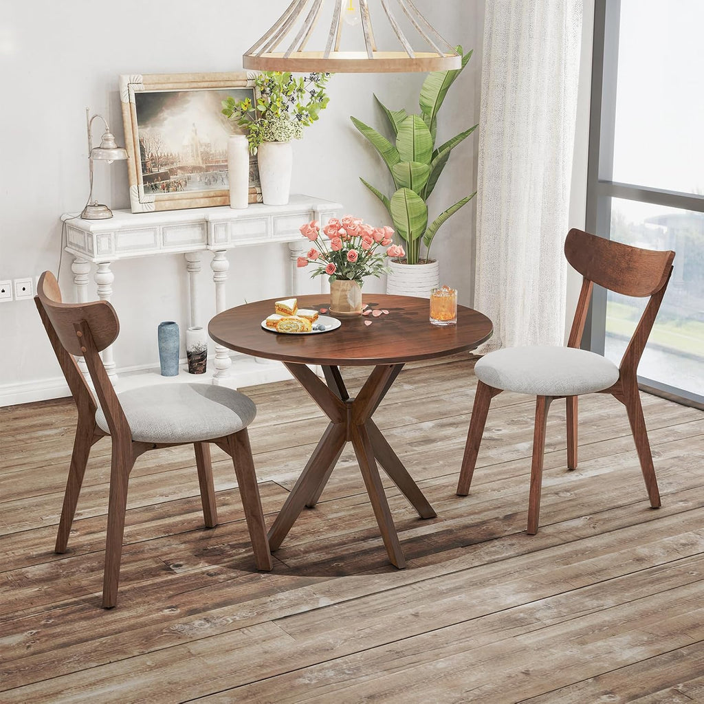 Tangkula Mid-Century Modern Round Dining Table Set for 2, Wooden Kitchen Table & 2 Chairs with Cushioned Seats, Compact 3-Piece Dining Set for Small Spaces, Kitchen, Living Room