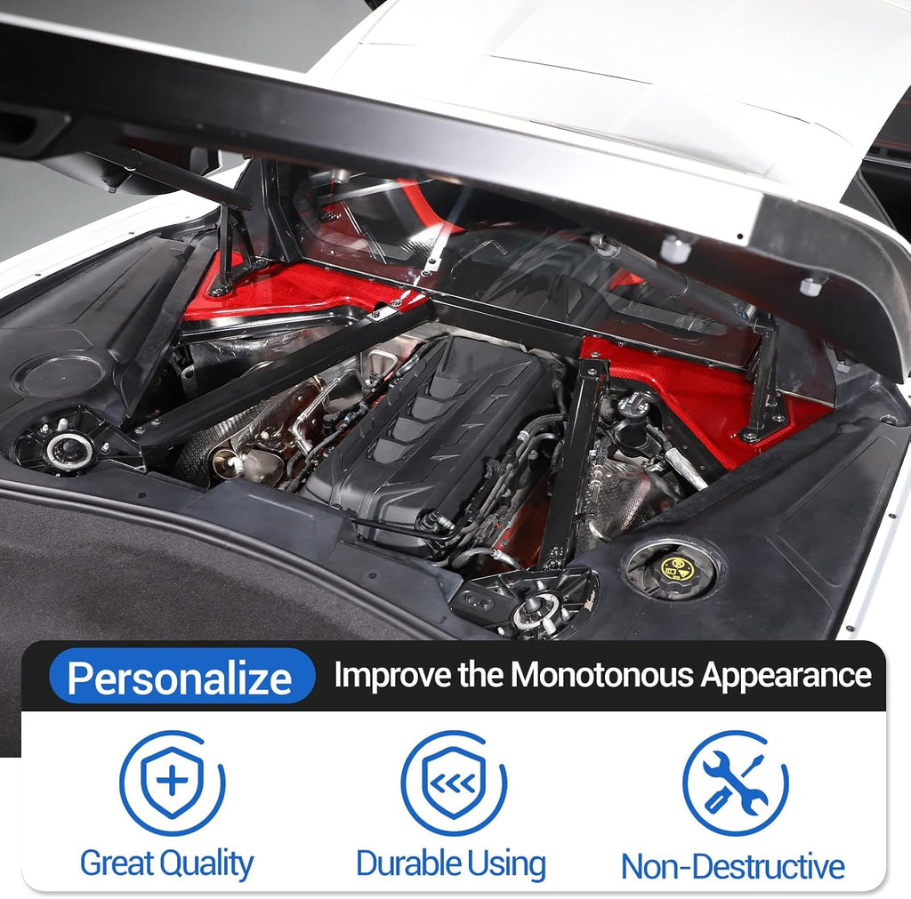 Real Carbon Fiber Engine Bay Panel Cover Compatible with Chevrolet Corvette C8 2020-2026, Front Hood Lift Supports Shock Struts Base Trim Cover Accessories 2Pcs (Red)