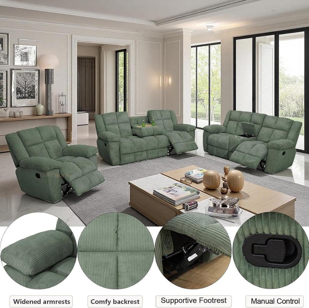 Corduroy Recliner Sofa Set with Cup Holder, 3 Pieces Living Room Furniture Sets, Green Manual Corduroy Sofa Set with Storage, Modern Reclining Couches for Living Room/Office