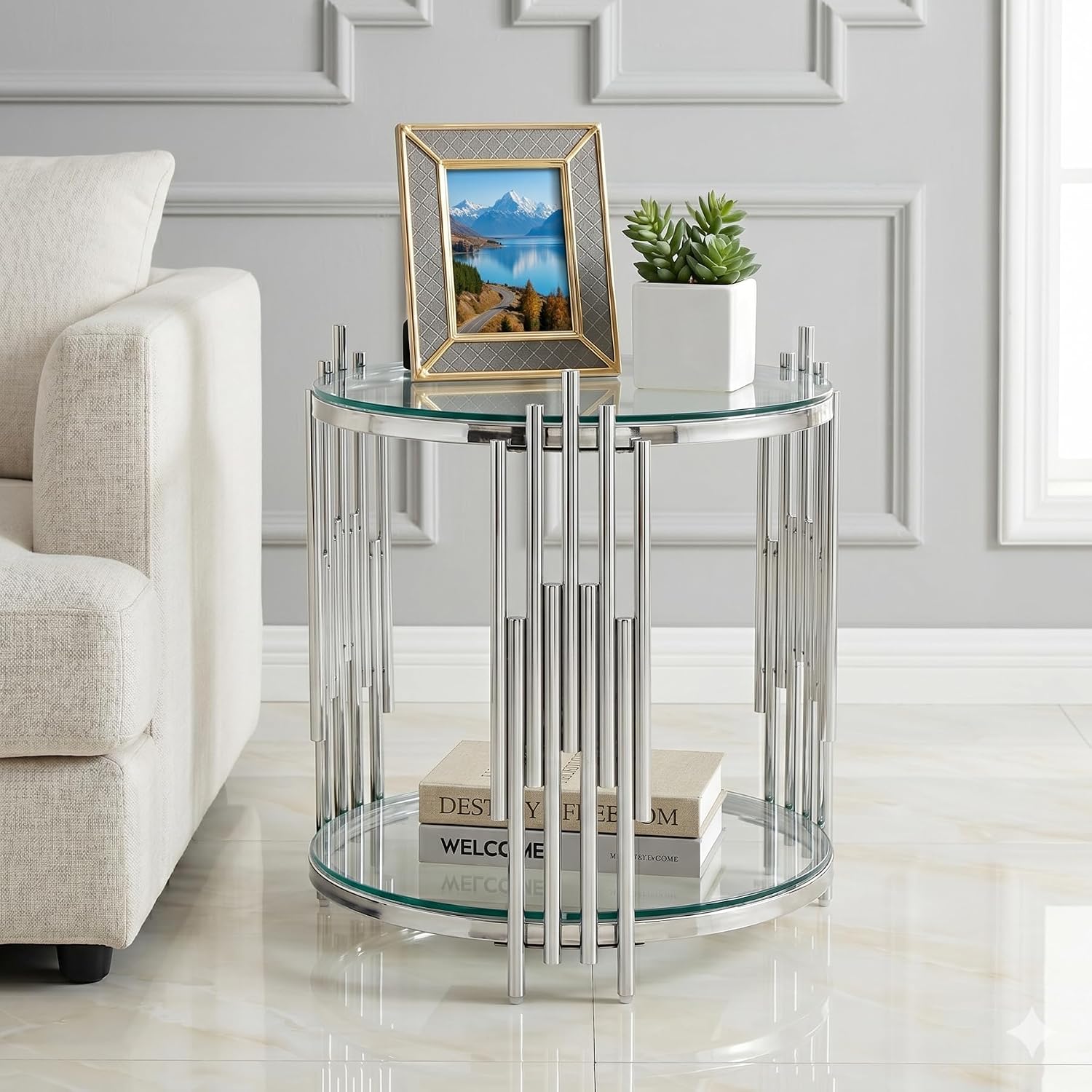 SSLine 2-Piece Round Living Room Table Set, Modern Clear Glass Coffee Table with 1 End Table, Luxury Circle 2-Tier Storage Coffee Table Set with Silver Stainless Steel Frame for Living Room