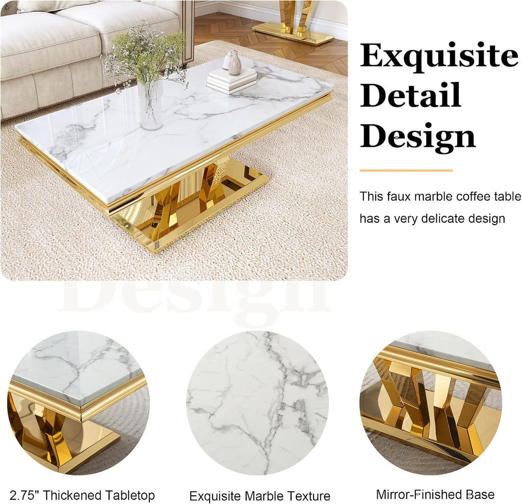Modern Marble Coffee Table, 47' Living Room Table with Diamond-Shape Stainless Steel Base and Thickened Faux Marble Top for Living Room, Bedroom, Lounge (Gold,White)