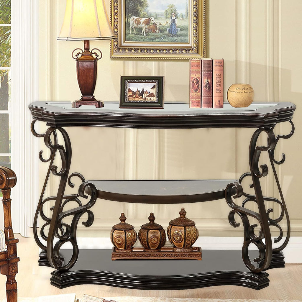 Elegant Retro Console Table, 3-Tier Traditional Rectangle Sofa Table with Tempered Glass Top, Mid-Marble Shelf, Vintage Accent Entryway Table for Living Room Hallway, Easy Assembly