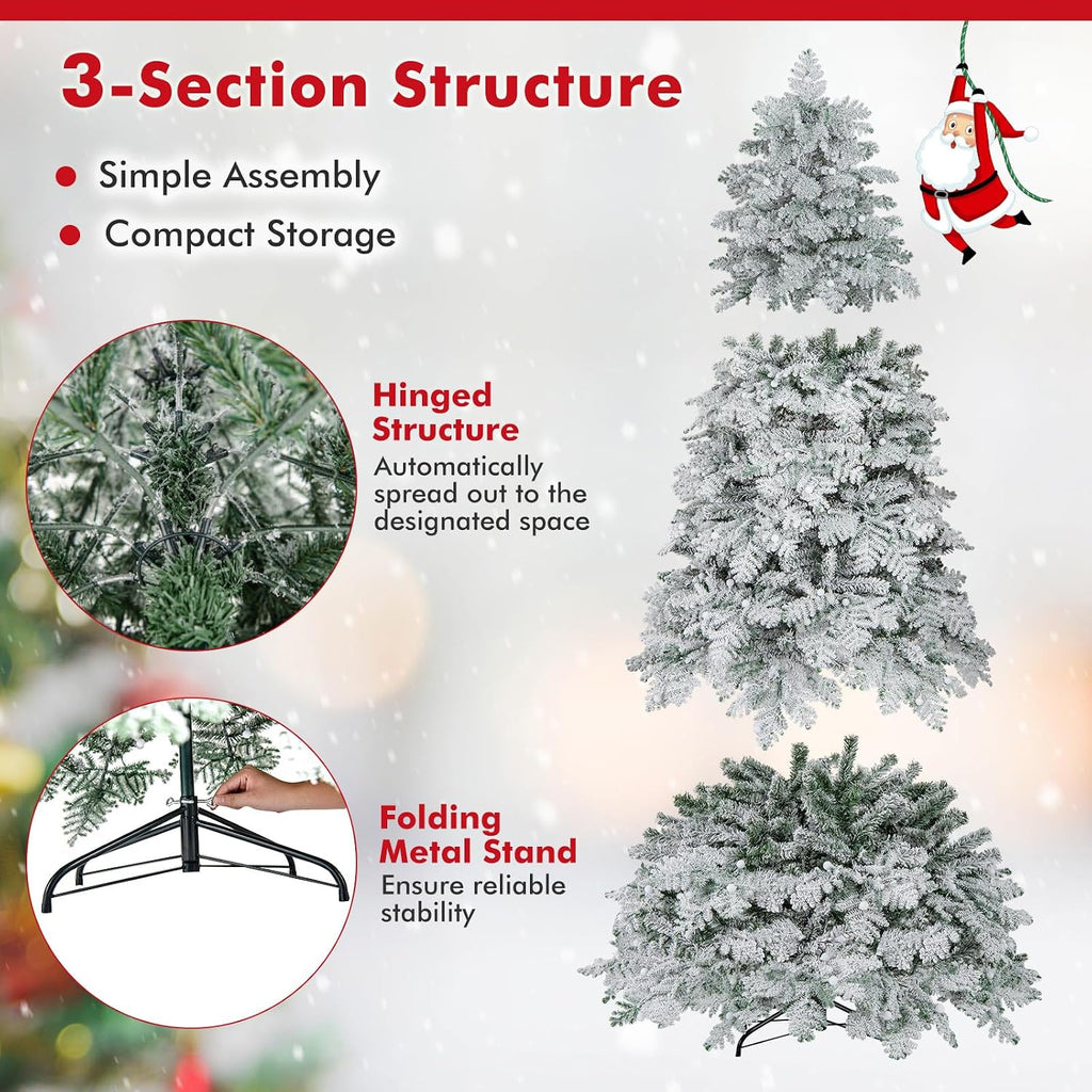 GOFLAME 7FT Pre-lit Artificial Christmas Tree, Snow Flocked Hinged Xmas Tree with 160 Ball Lights, LED Lights, 806 Branch Tips, 8 Lighting Modes and Metal Stand, Holiday Decoration Tree for Home Party