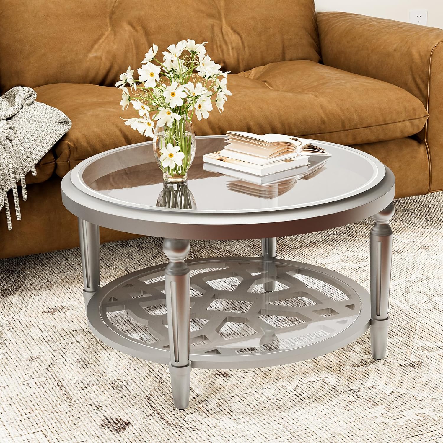 HOMPUS Glass Coffee Table, 32'' Round Coffee Table with Storage Shelf, Modern Unique Coffee Table with Double-Tempered Glass, Living Room End Table for Bedroom, Meeting Room, Fully Assembled