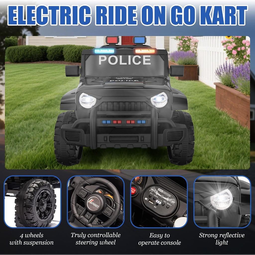 Ride on Police Car, 12V Kids' Electric Vehicles W/Parents Control, Ride on Toys for Toddlers with Music, Four-Wheels Suspension, USB, Headlights, Police Car