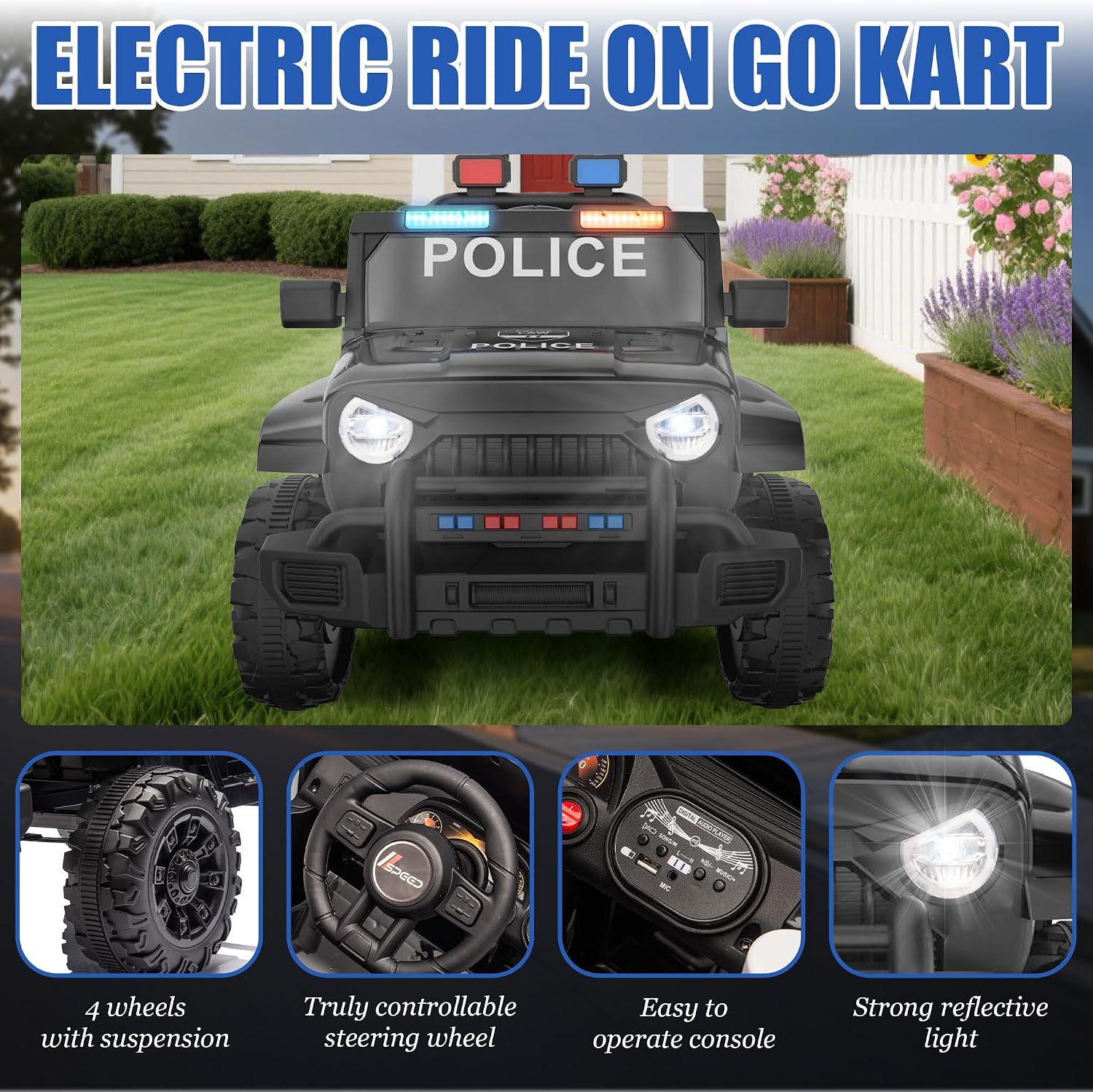 Ride on Police Car, 12V Kids' Electric Vehicles W/Parents Control, Ride on Toys for Toddlers with Music, Four-Wheels Suspension, USB, Headlights, Police Car