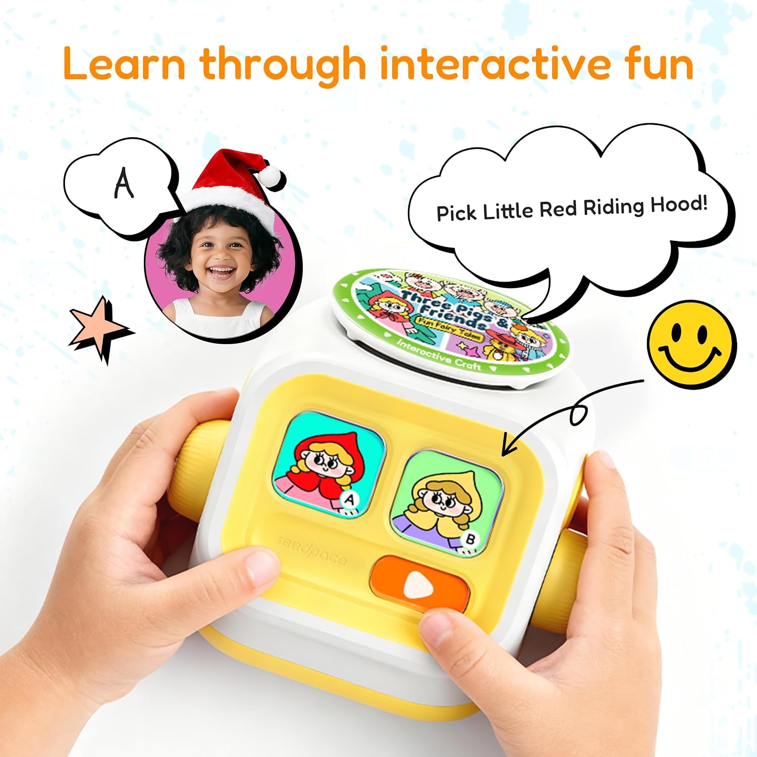 Kids Bluetooth Speaker & Story Machine: Portable Wireless Music Player with Interactive Expression, 3 Audio Cards (Christmas Songs, Fairy Story & Record Your Own), Gift for Kids Ages 5–8