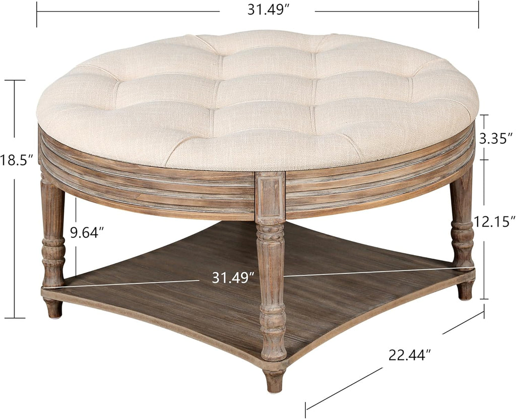 Large Round Storage Ottoman Coffee Table, 2 Tier Modern Upholstered Ottoman Footstool with Storage Shelf Tufted Linen Farmhouse Circle Coffee Table for Living Room (Beige)
