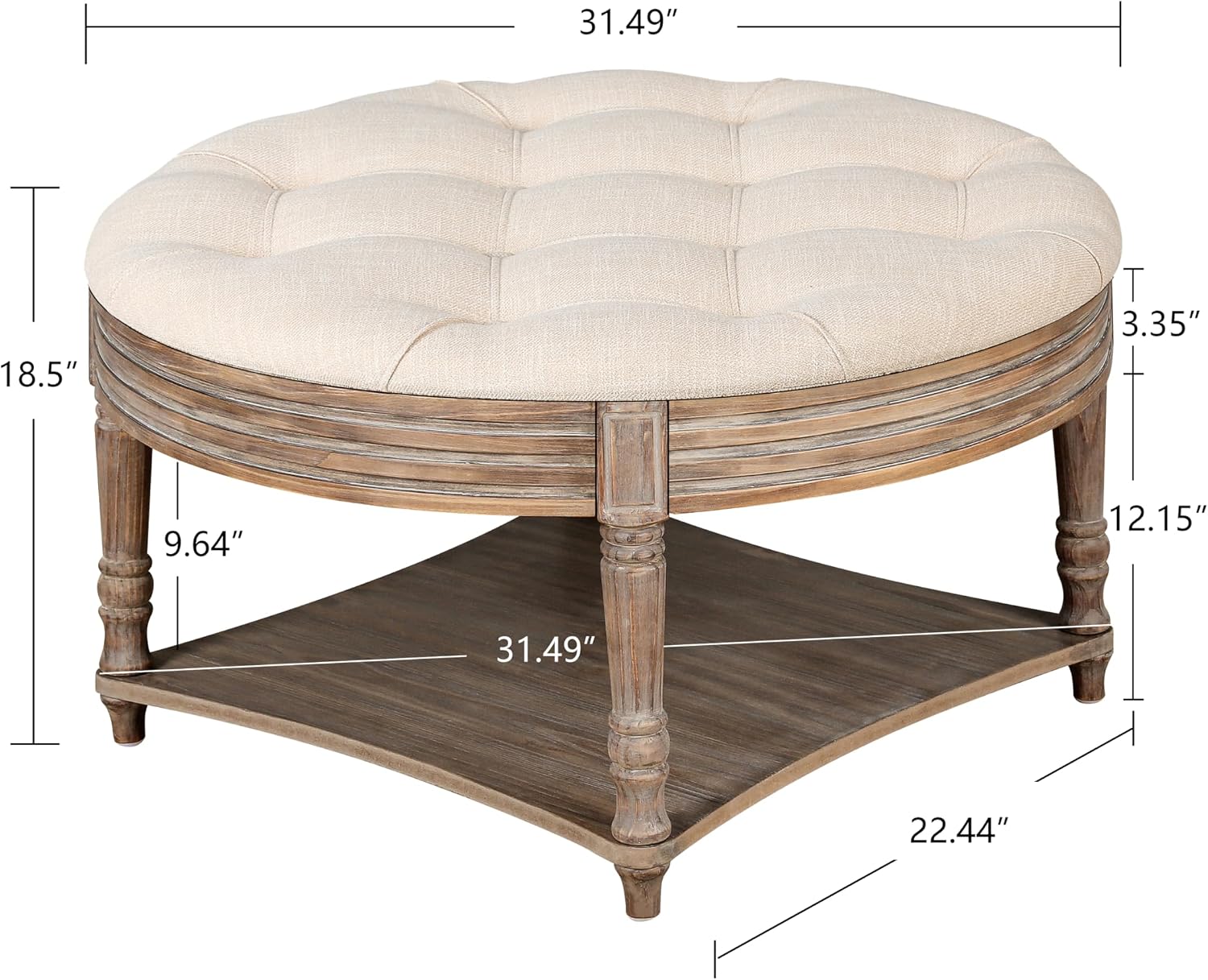 31.49'' Round Coffee Table with Storage Space, 2-Tier Modern Wood Circle Coffee Table for Living Room, Moveable Table Top & Easy Assembly & Waterproof Upholstered Linen, Beige & Wood