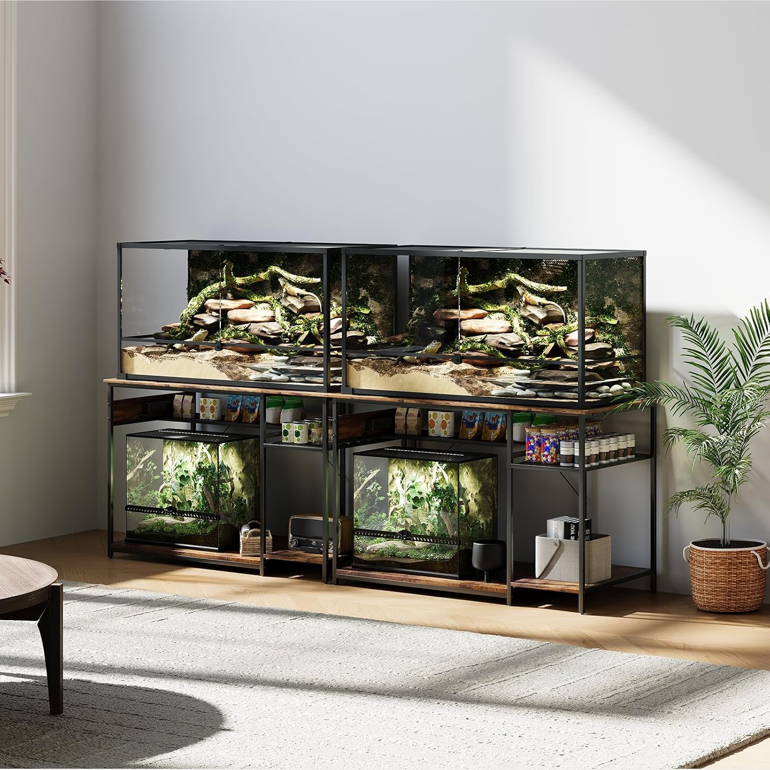 Reptile Tank Stand with Power Outlets，48' X 24' Tabletop Fits up to 120 Gallon Bearded Dragon Enclosure Stand，Double Snake Terrarium Table with Light