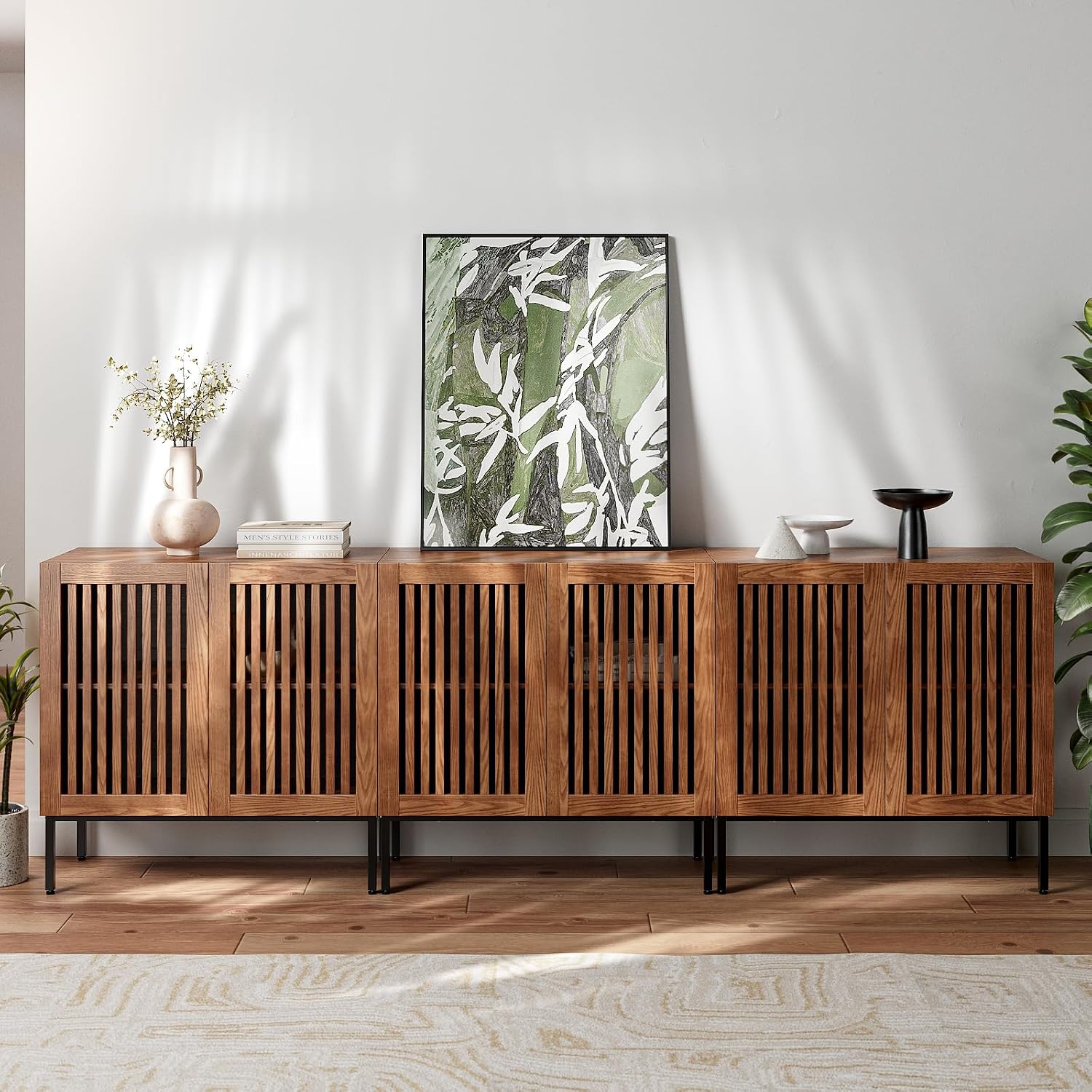 BVIUNTWO Buffet Cabinet with Storage,Set of 3 Farmhouse Console Table with Metal Base and Adjustable Shelves,Sideboard Coffee Bar Cabinet with 6 Doors for Kitchen,Dining Room,Living Room,Brown