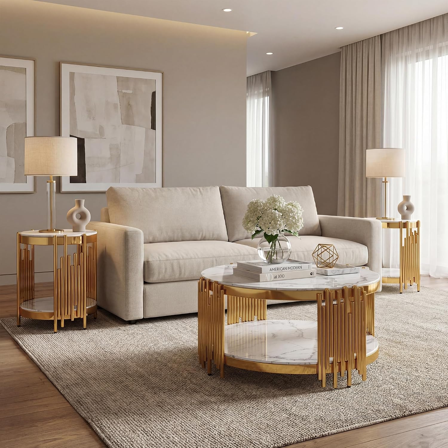 3-Piece Coffee & 2 End Table Set, 2-Tier Round White Faux Marble Tables with Gold Stainless Steel Frame, Modern Living Room Table Set for Bedroom or Office