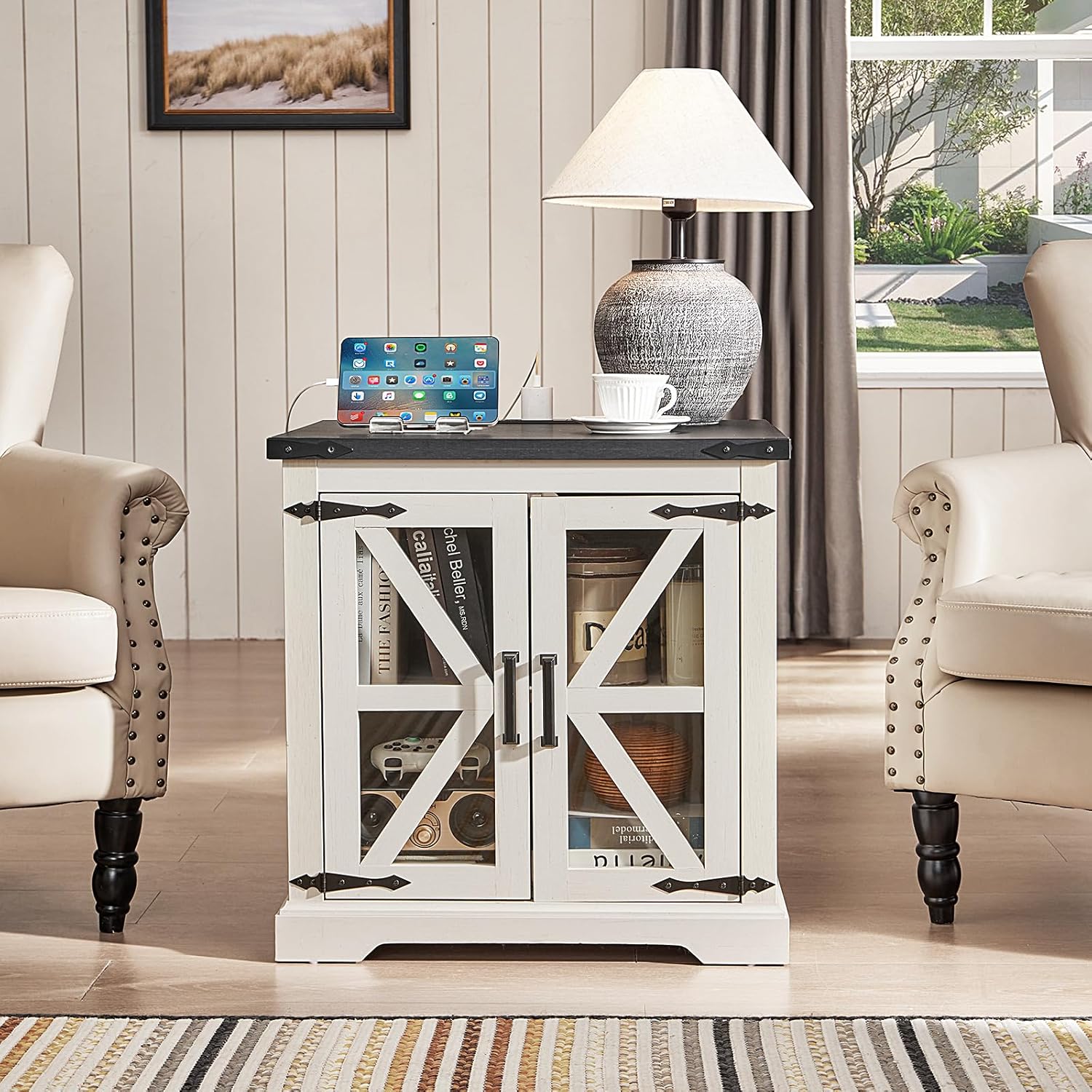 Joaxswe 24' End Table Set of 2 with Charging Station, Farmhouse Night Stand with Glass Barn Door, Nightstands with Adjustable Storage Shelf, Large Wood Square Bed Side Table for Living Room,Bedroom