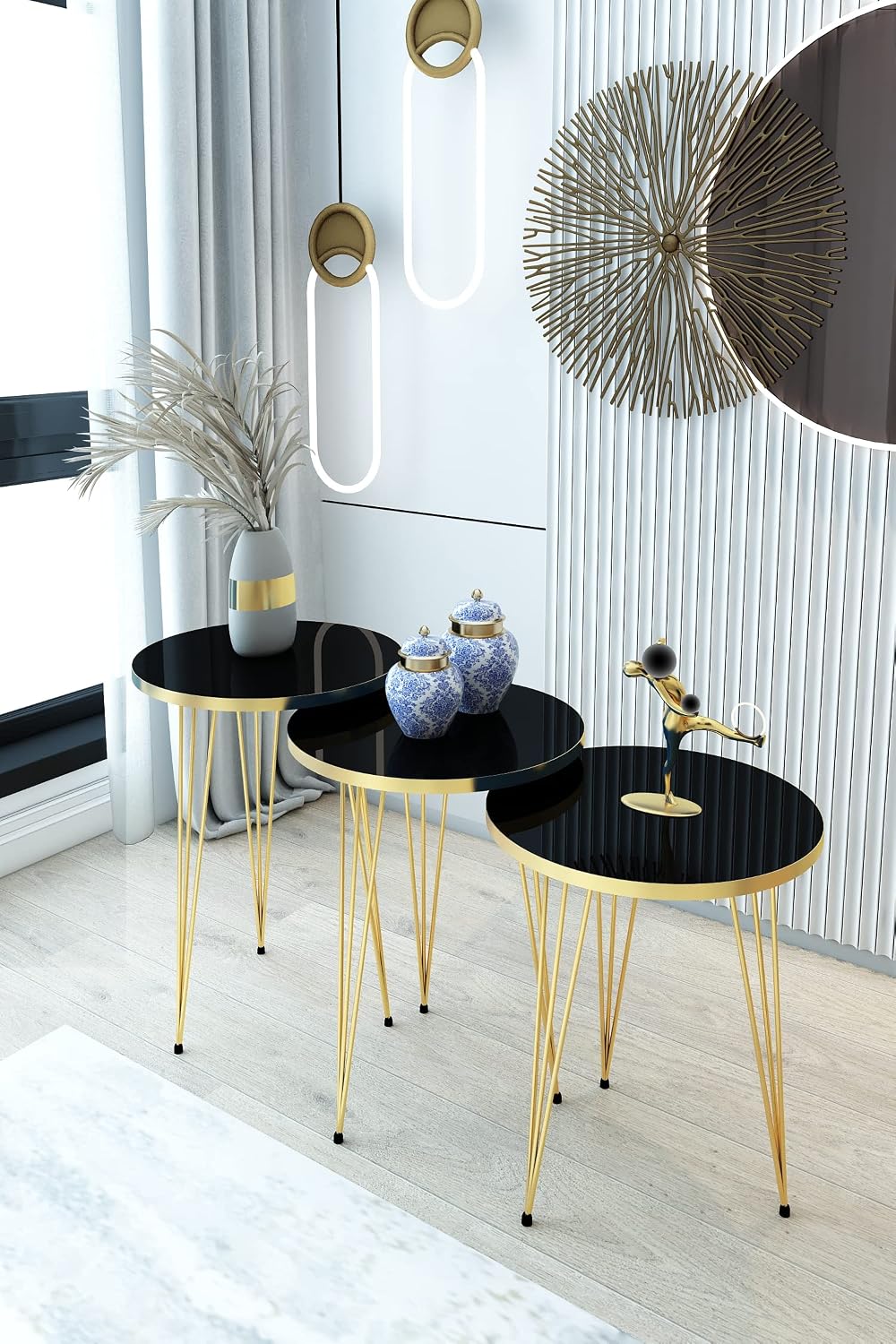 Set of 3 High Gloss Black Gold Legs Nesting End Tables Round Wood Stacking Coffee Side Accent Table with Metal Legs for Living Room, Home Office, Nightstands for Bedroom