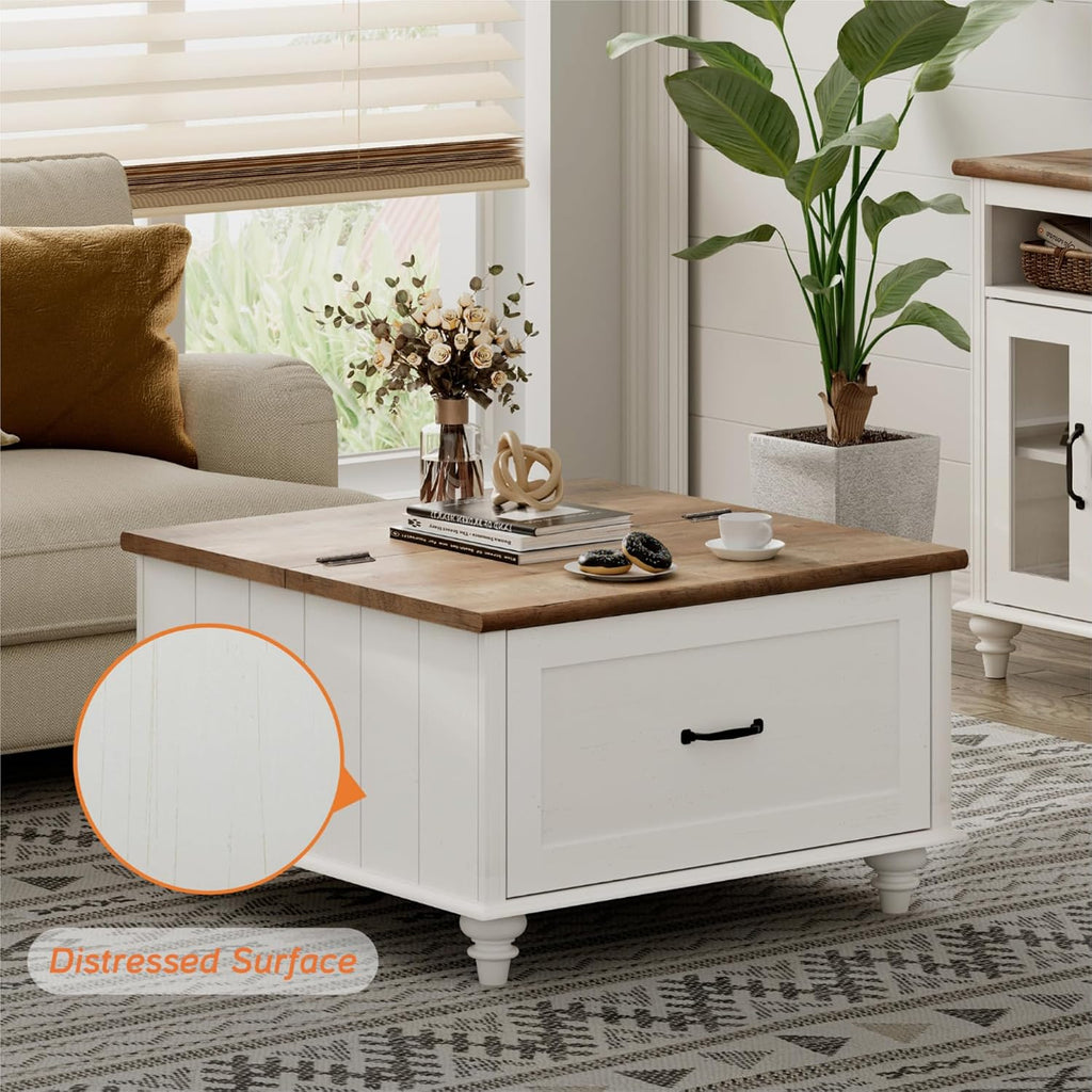 WAMPAT 3 Pieces Living Room Table Set, One Farmhouse Lift Top Coffee Table with Drawer, Set of 2 End Tables Nightstands with Charging Station, Off White