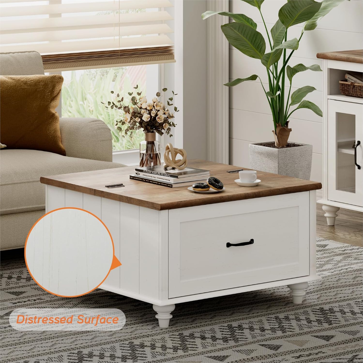 WAMPAT 3 Pieces Living Room Table Set, One Farmhouse Lift Top Coffee Table with Drawer, Set of 2 End Tables Nightstands with Charging Station, Off White