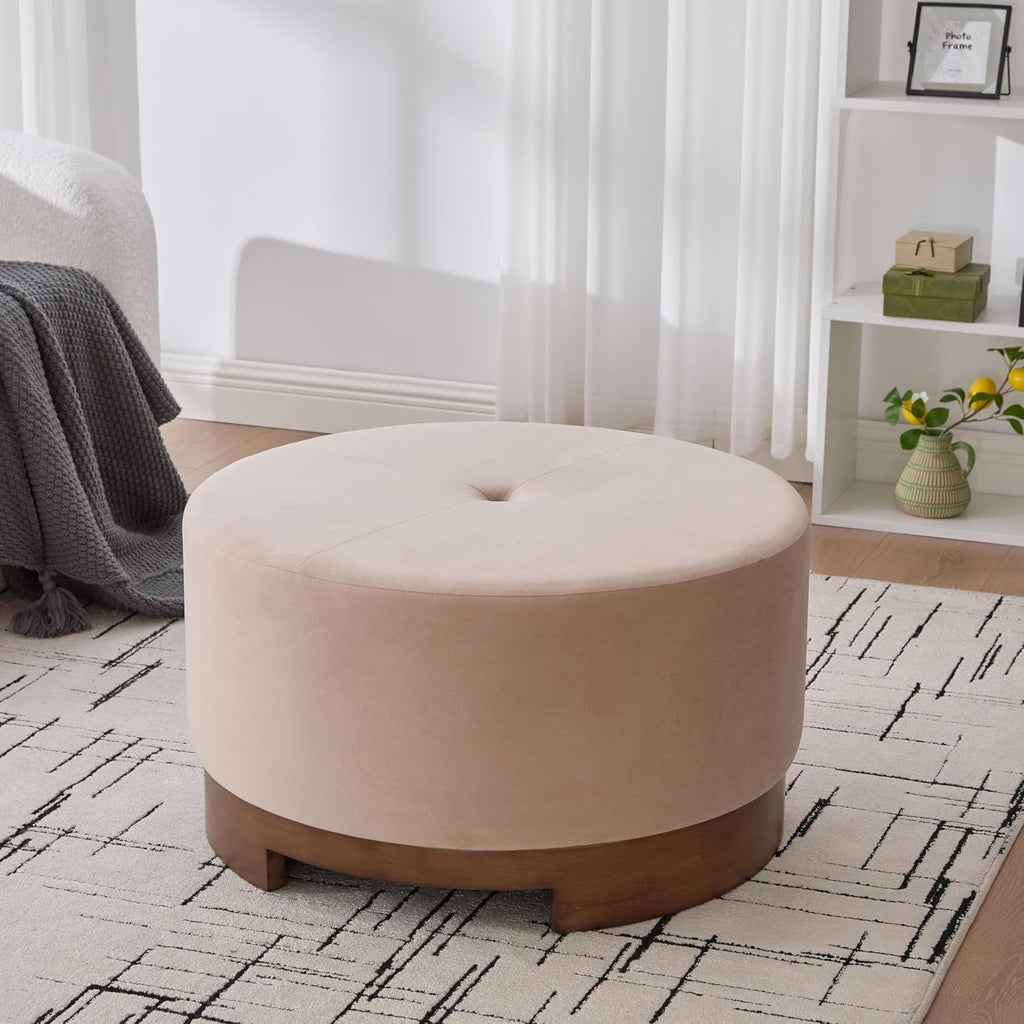 Christopher Knight Home Monroe Velvet Upholstery Round Ottoman, Living Room Sofa Ottoman with Wood Frame, Accent Small Foot Stool, Round Coffee Table, No Assembly Needed, Camel + Dark Walnut