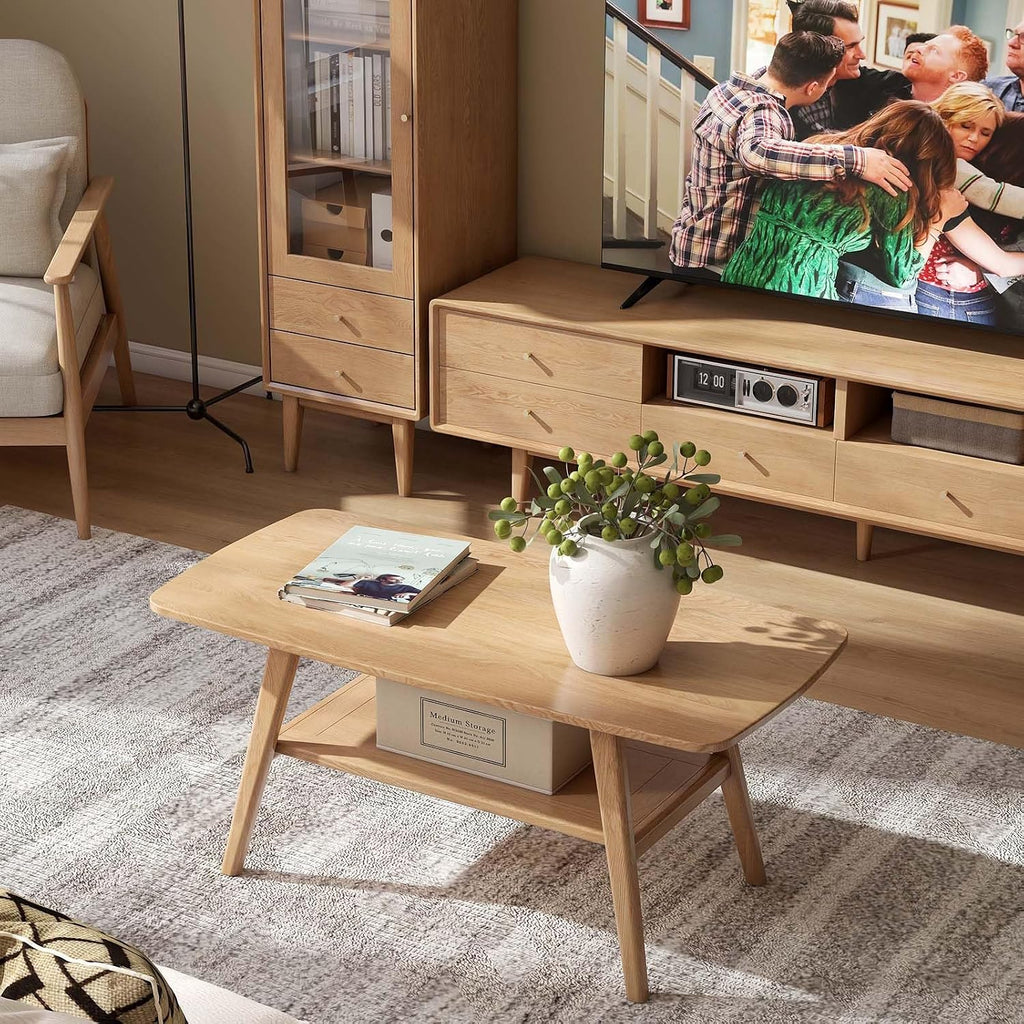 100% Solid Wood Coffee Table for Living Room, 39.37' Mid Century Modern Small Tables with Shelf Storage, 2-Tier Coffee Table with Rounded Corners (Oak Wood Log Color, 39.37' L)