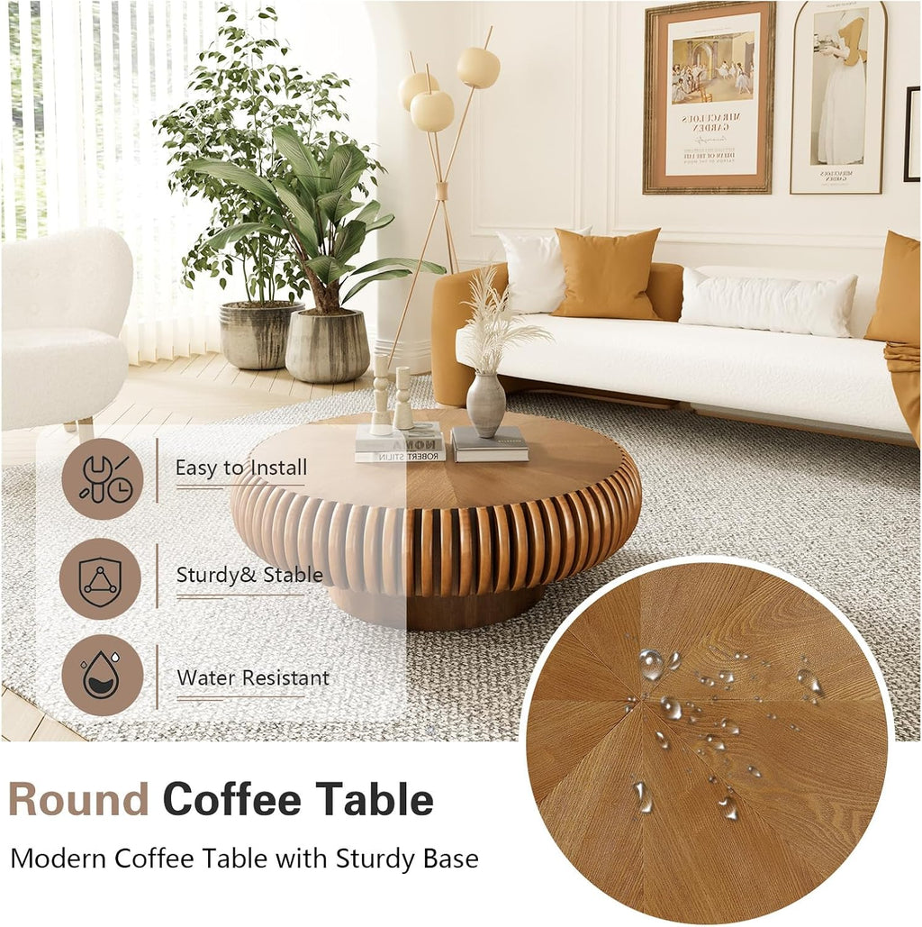Round Drum Coffee Table Modern Coffee Tables Fluted Coffee Table Circle Center Table Pedestal End Table for Living Room Bedroom(Brown 31.5in)