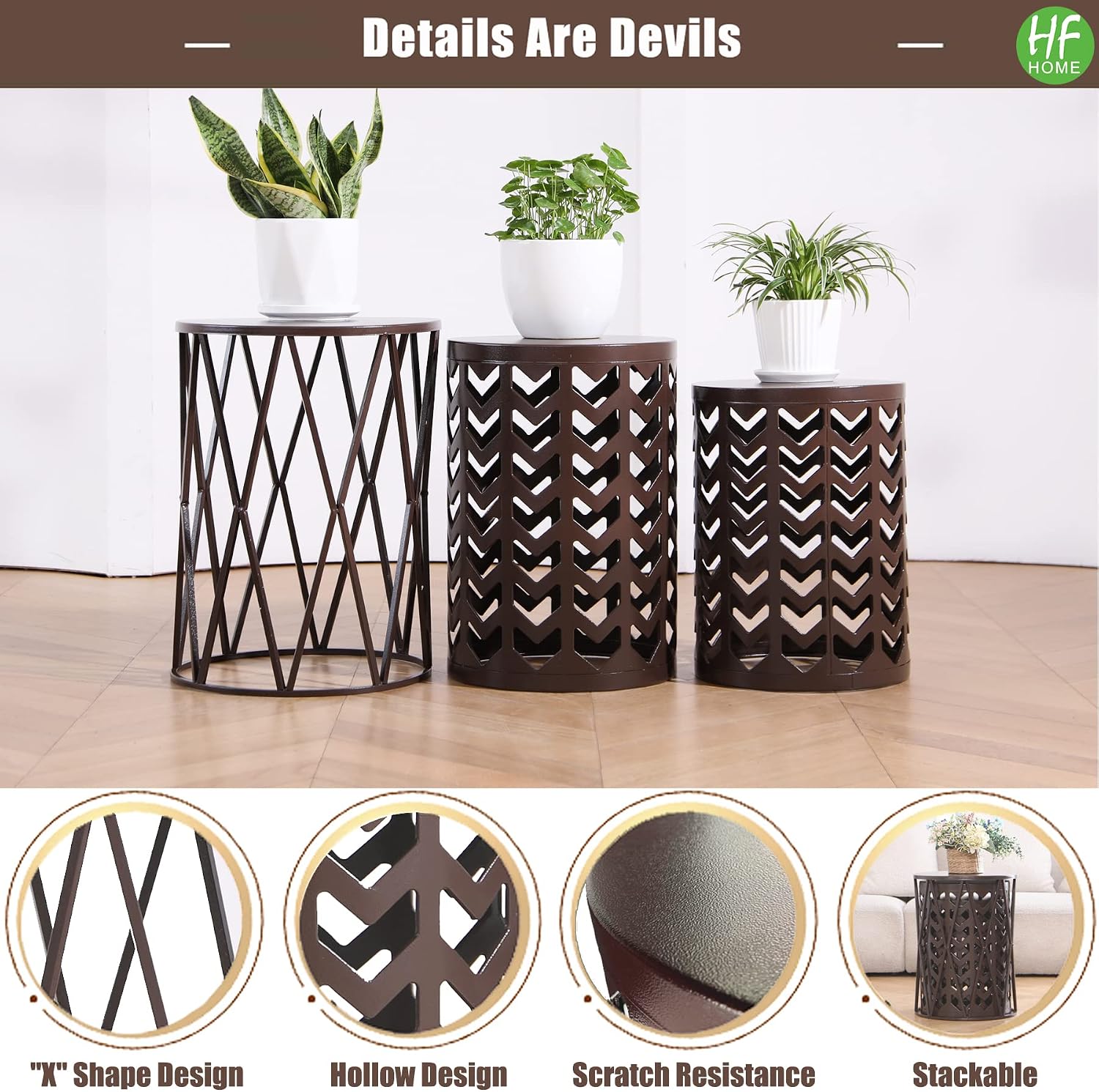 HFHOME Round Nesting Coffee Tables, Set of 3 End Tables for Living Room Balcony Office, Heavy Duty Metal Stacking Side Tables for Home Indoor - Brown