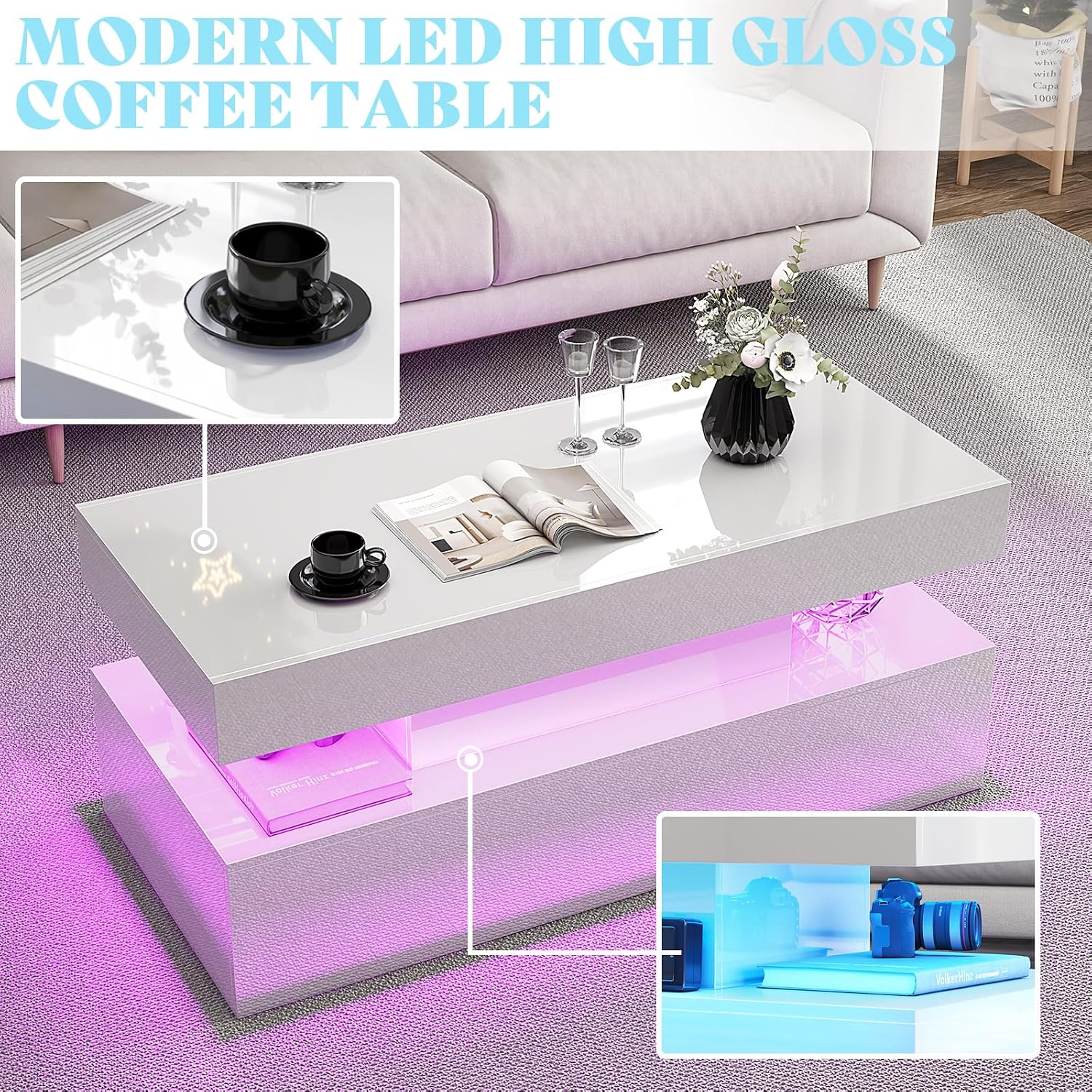 VanAcc 3-Piece Modern Living Room Table Sets, 70' Modern LED TV Stand with 36' Electric Fireplace, High Gloss Coffee Tables for Living Room, White & Black