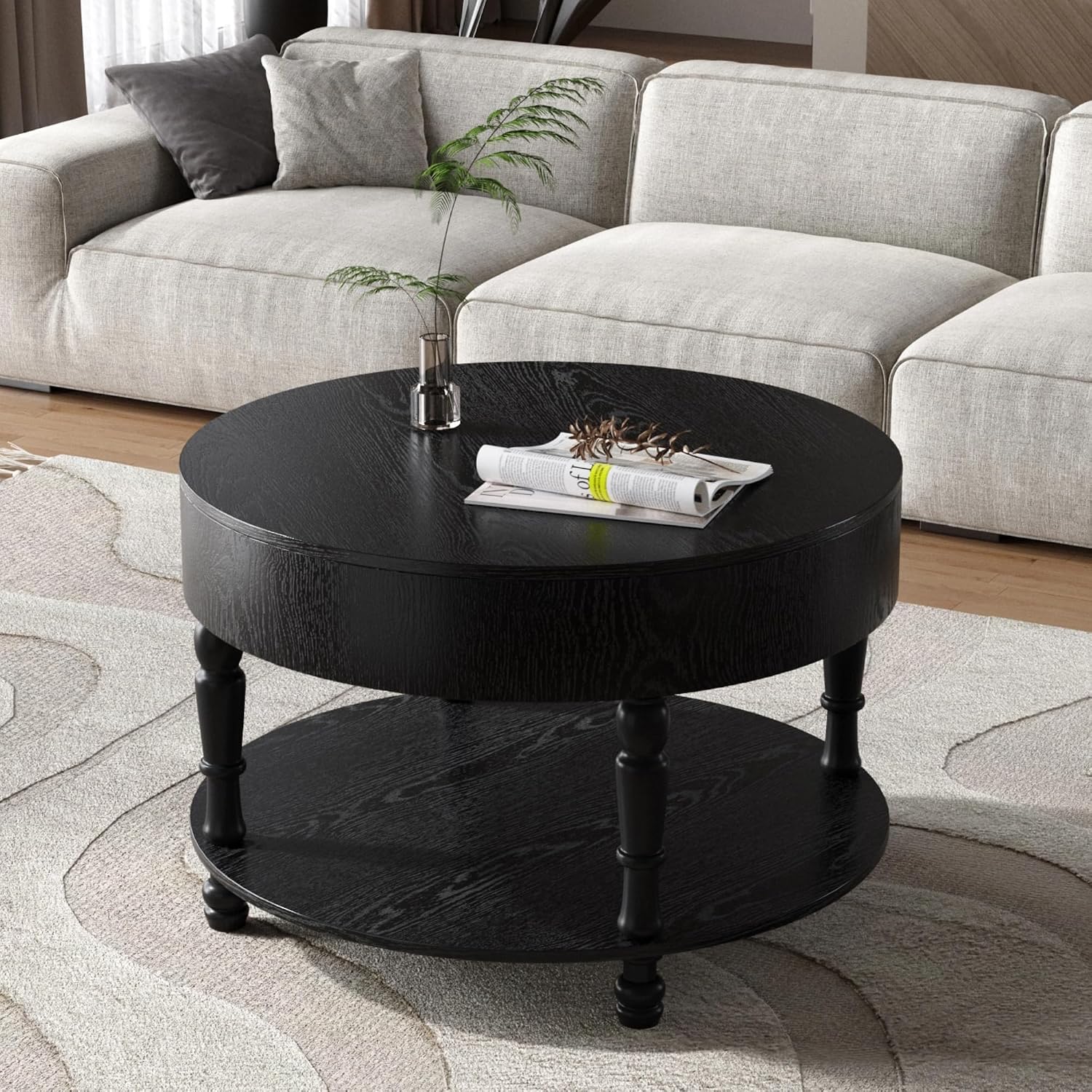 31.5'' Round Coffee Table with Storage Space, 2-Tier Modern Rustic Wood Circle Coffee Table for Living Room, Moveable Table Top & Easy Assembly, Black