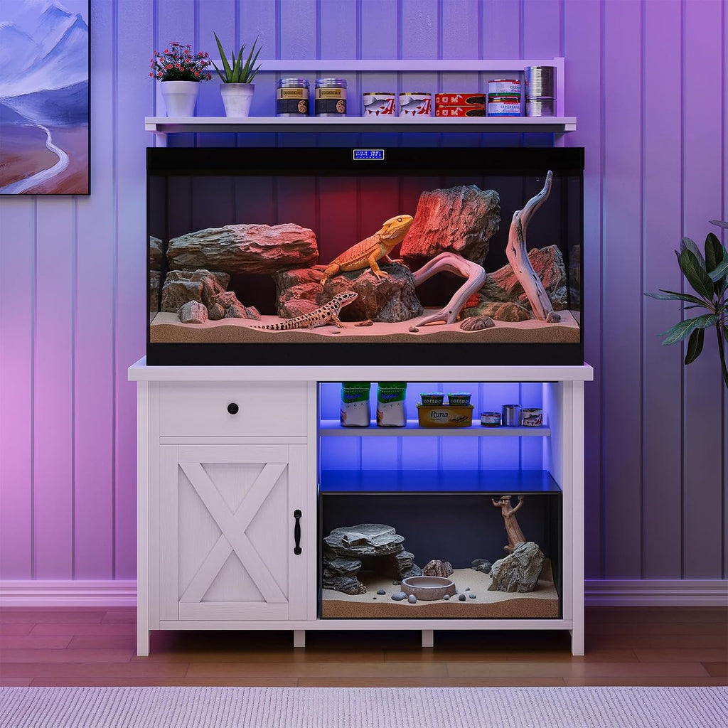 Reptile Tank Stand with Power Outlet, Terrarium Stand with Storage Cabinet, 49' X 20' Tabletop, Aquarium Stand with LED Lights, Reptile Terrarium,Turtle Tank, 1100LBS, White
