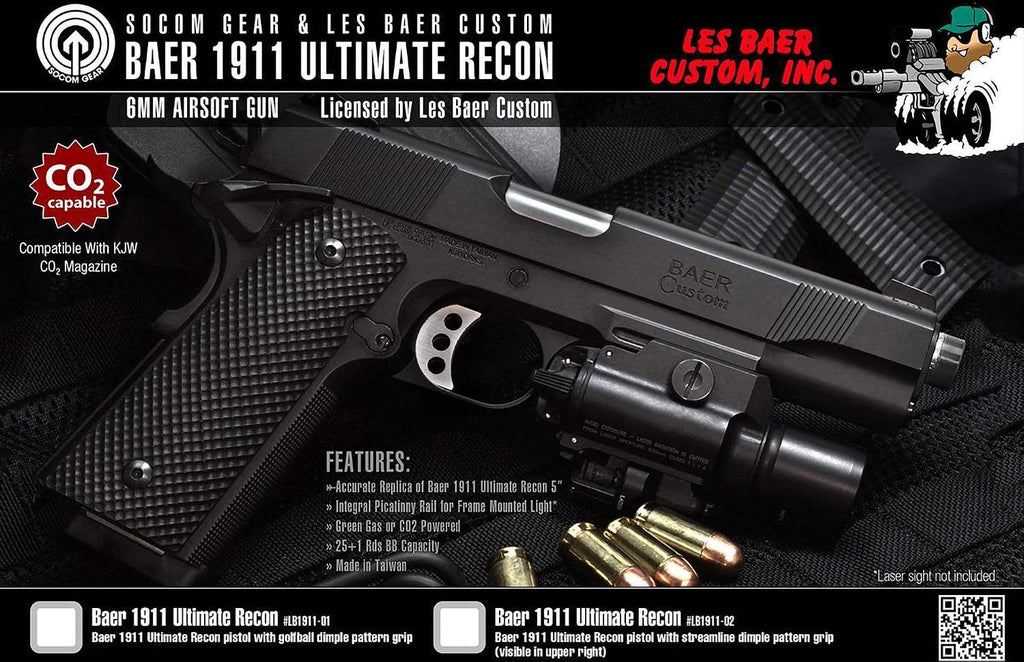 Evike Airsoft - SOCOM Gear Les BAER Licensed Ultimate Recon Airsoft 1911 GBB Airsoft Pistol by KJW (Model: Diamond Handle/Green Gas)