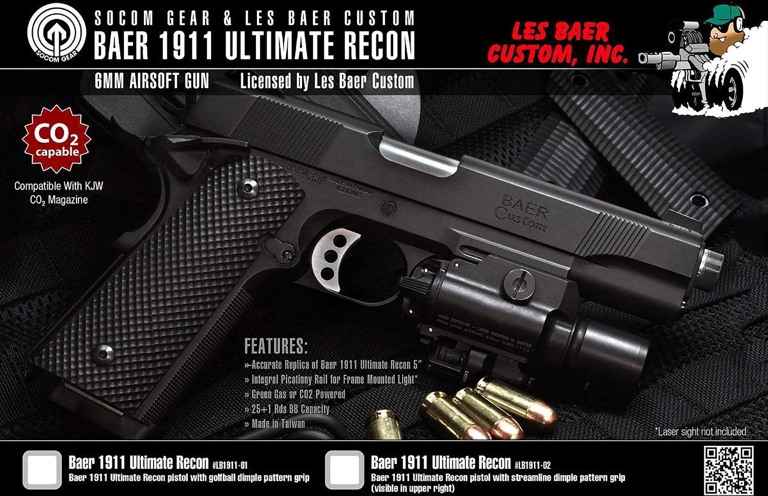 Evike Airsoft - SOCOM Gear Les BAER Licensed Ultimate Recon Airsoft 1911 GBB Airsoft Pistol by KJW (Model: Diamond Handle/Green Gas)