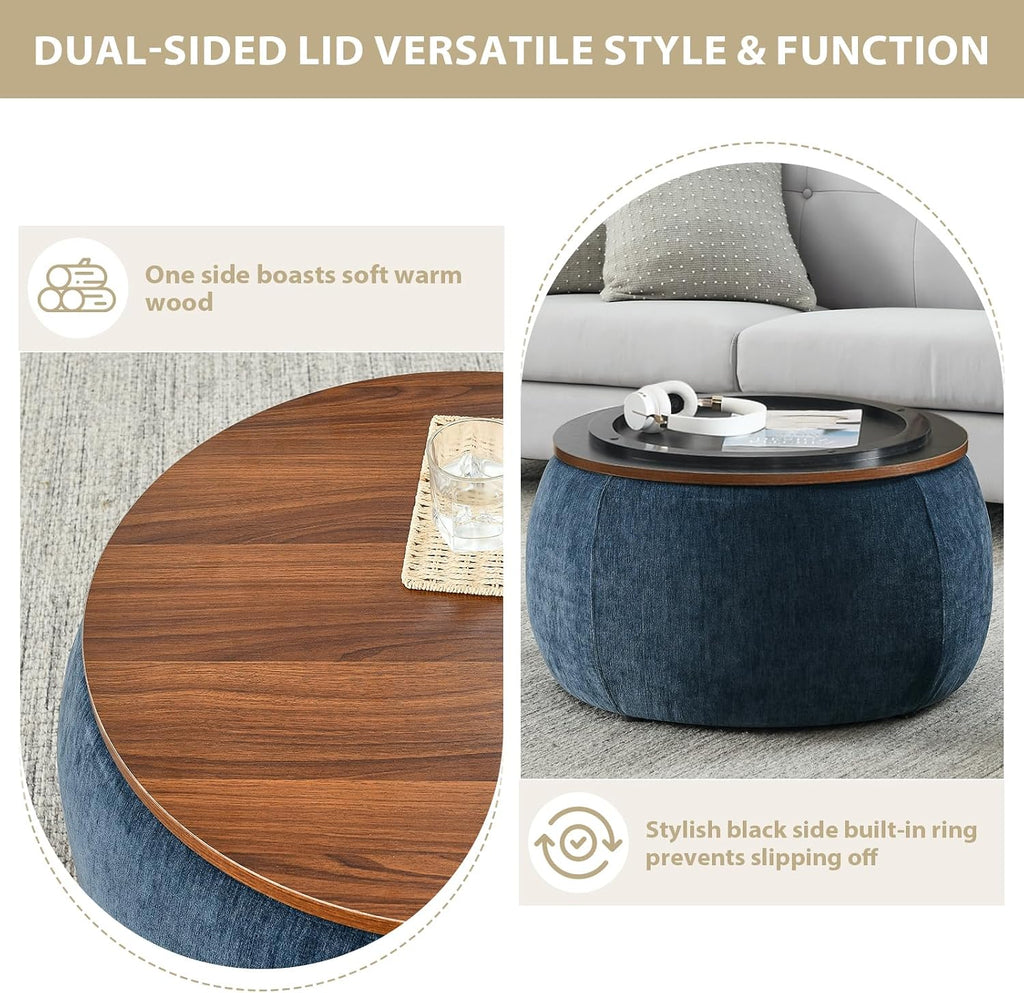 Round Ottoman with Storage Set, 25' +18' Circle Coffee Table Upholstered Nesting Modern End Table Footstool with Removable Wood Tray Chenille for Living Room No Assembly, Dark Blue