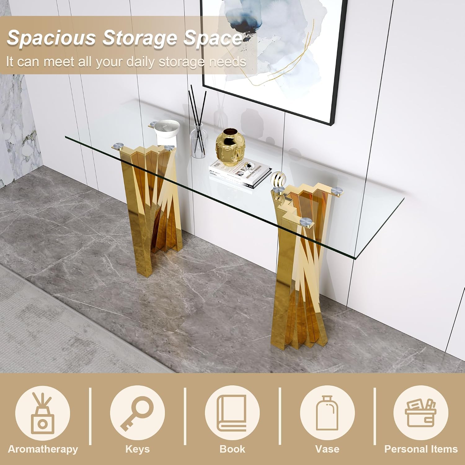 Rectangle Glass Console Table 2-Piece Set with Console Table and End Table, with Tempered Glass Tabletop and Mirrored Stainless Steel Table Legs, for Living Room, Office, Apartment, Gold